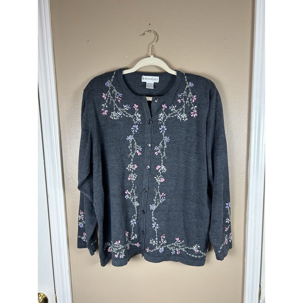 Dressbarn Sweater Gray Ribbon Cottage Grandma Embroidery Button Front Size 18/20